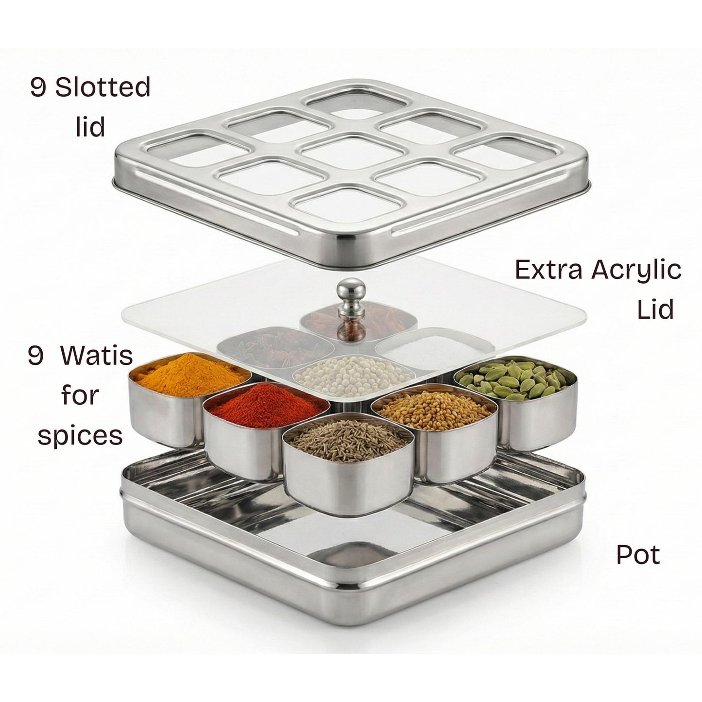 VS Vintage Steel Square Spice Box / Masala Dabba