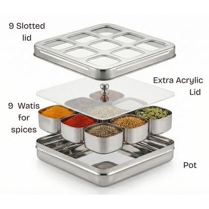 VS Vintage Steel Square Spice Box / Masala Dabba