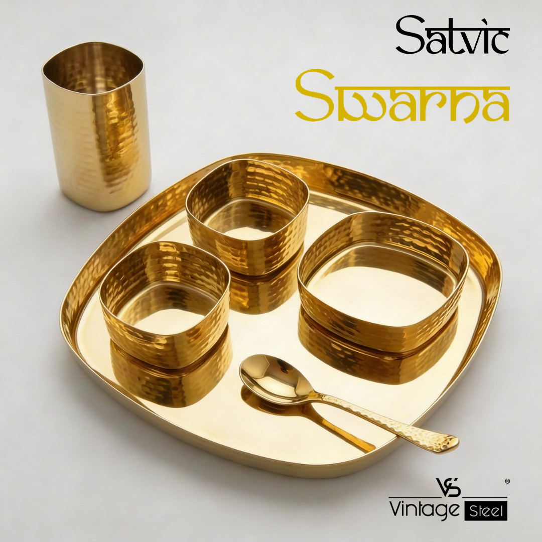 Swarna: Gold PVD Hammered Square Dinner Set (6 Pcs)