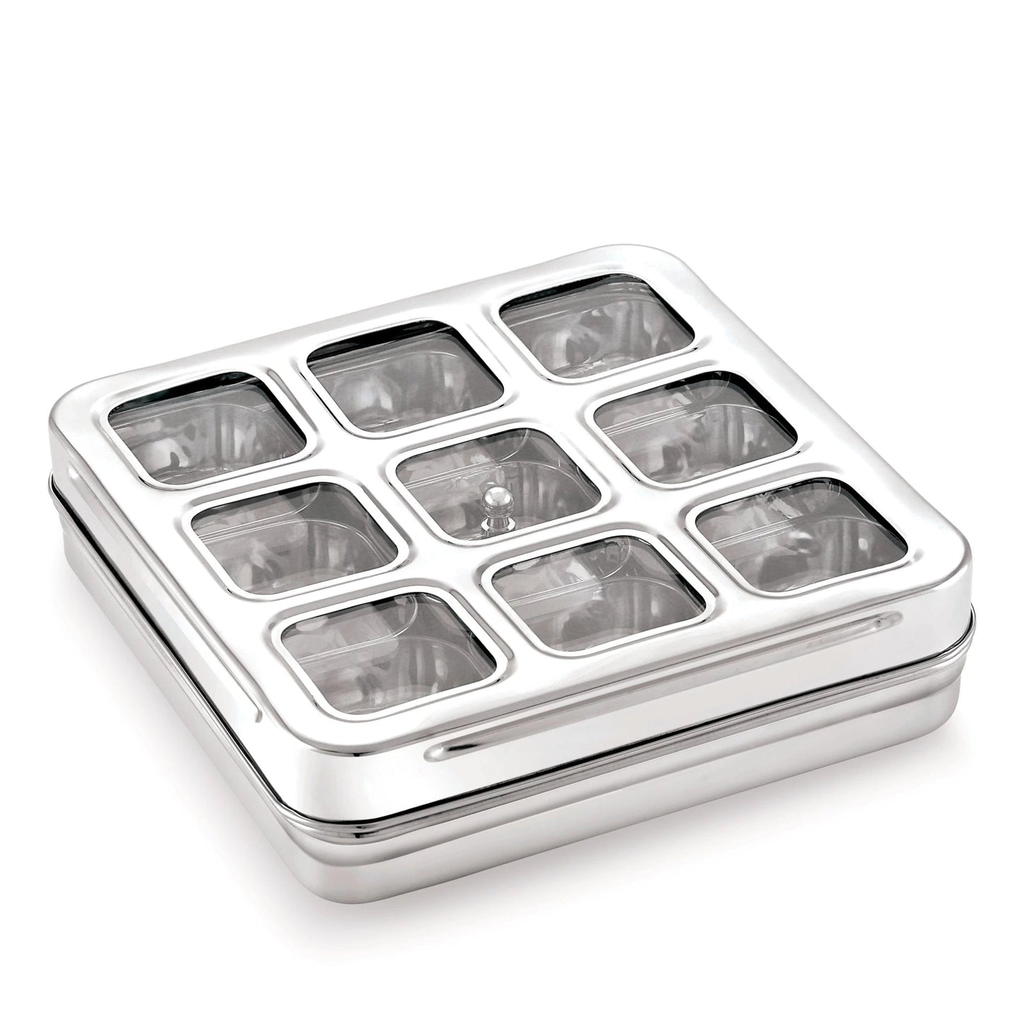 A Stainless Steel Square Spice Box with 9 Watis.