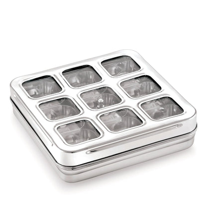 A Stainless Steel Square Spice Box with 9 Watis.