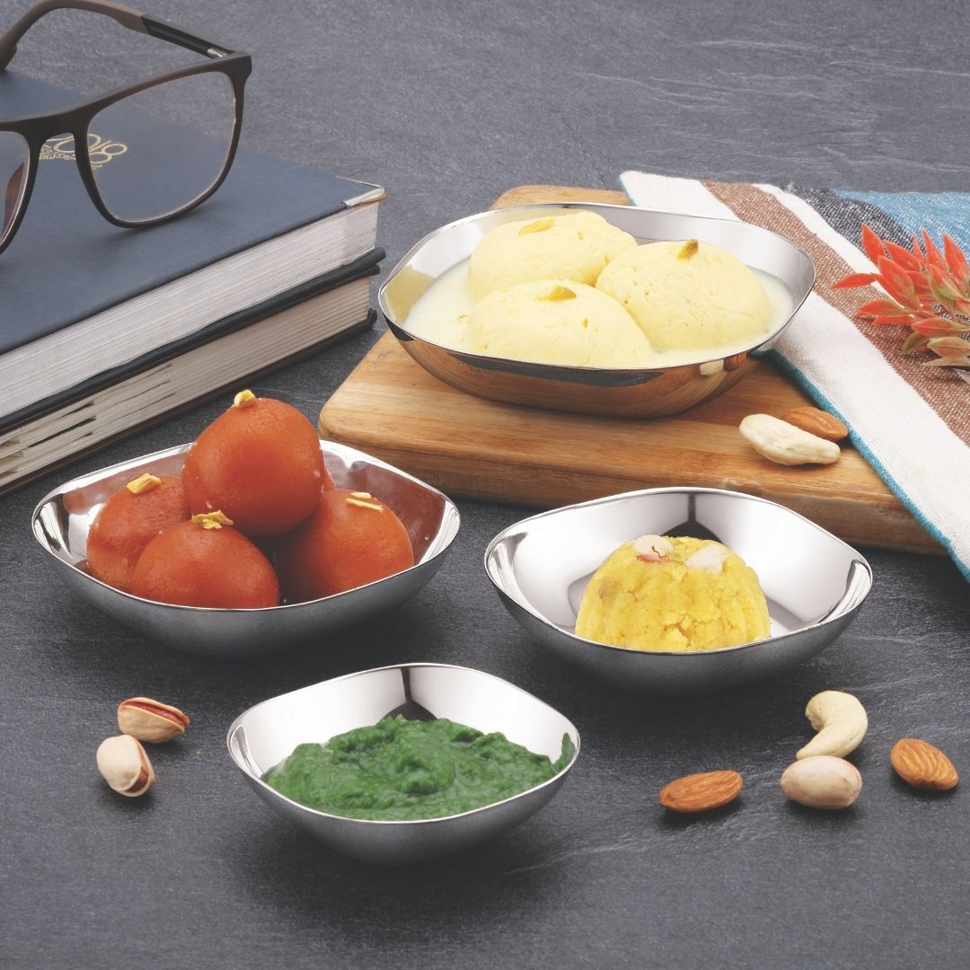 Stainless Steel Square Flat Bowls (Vatis) | Pack of 6
