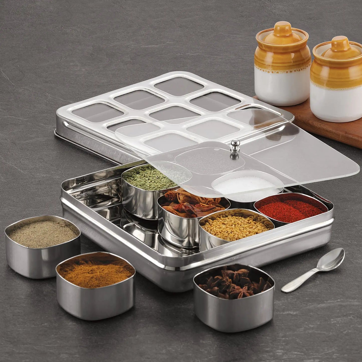 VS Vintage Steel Square Spice Box / Masala Dabba