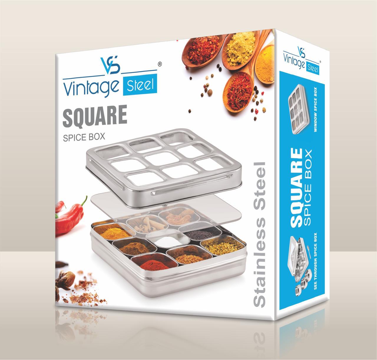 VS Vintage Steel Square Spice Box / Masala Dabba