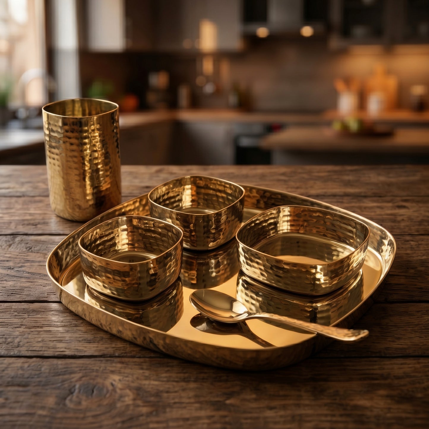 Swarna: Gold PVD Hammered Square Dinner Set (6 Pcs)