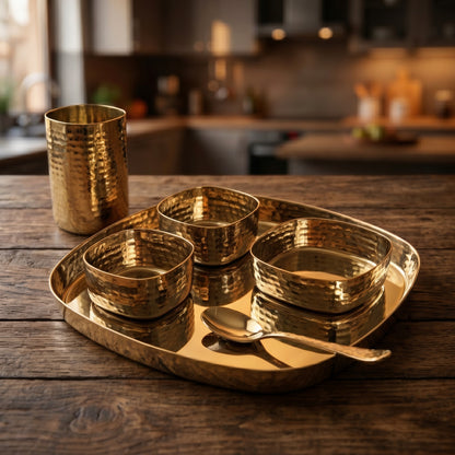 Swarna: Gold PVD Hammered Square Dinner Set (6 Pcs)